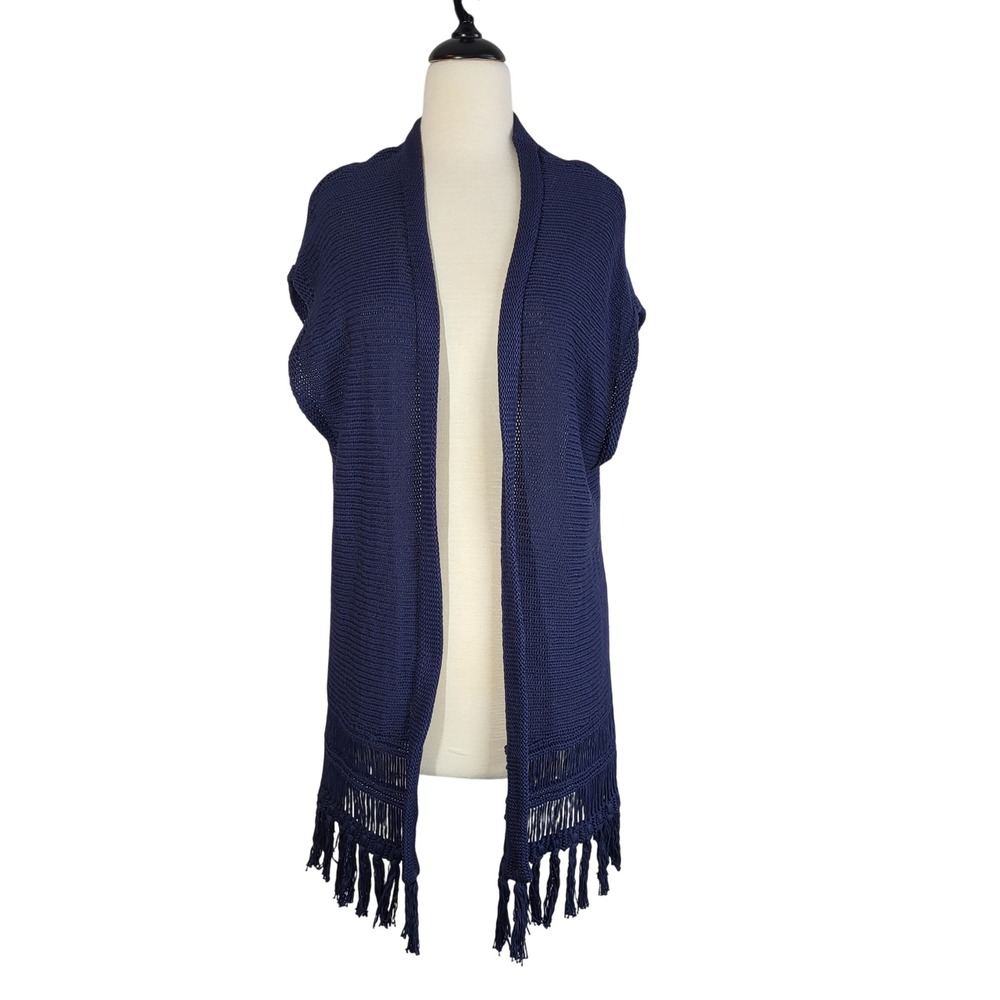 Lilly Pulitzer Marianne Fringe Knit Vest Navy‎ Sleeveless Open Cardigan S/M Boho